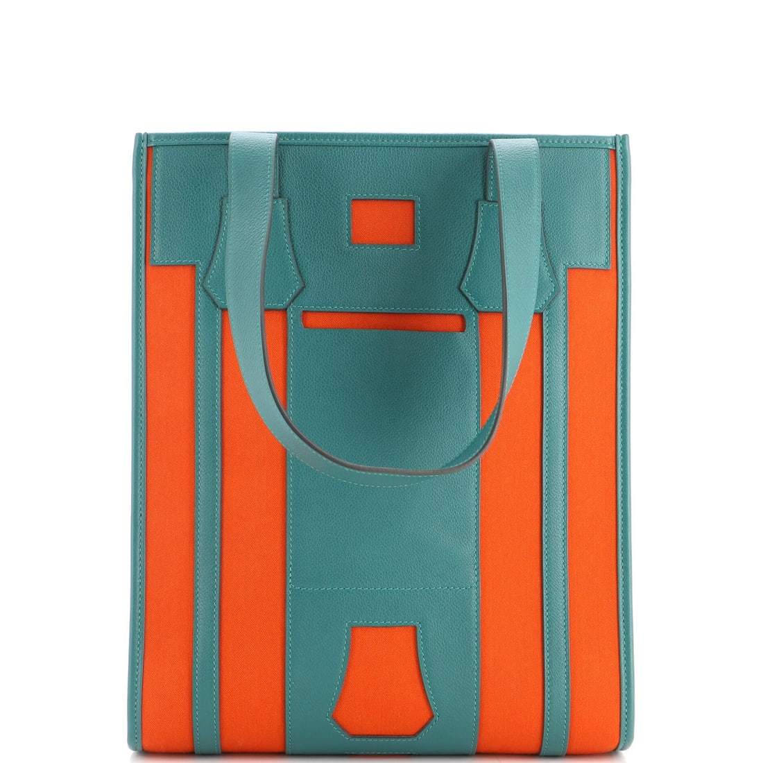 Hermes Petit H Bell Tote Toile and Leather: Petit H is the Hermes workshop line followed for one-off construction, leather and toile reassembled into objects that never went through a production run. This tote reads taller than wide at 11 in ac