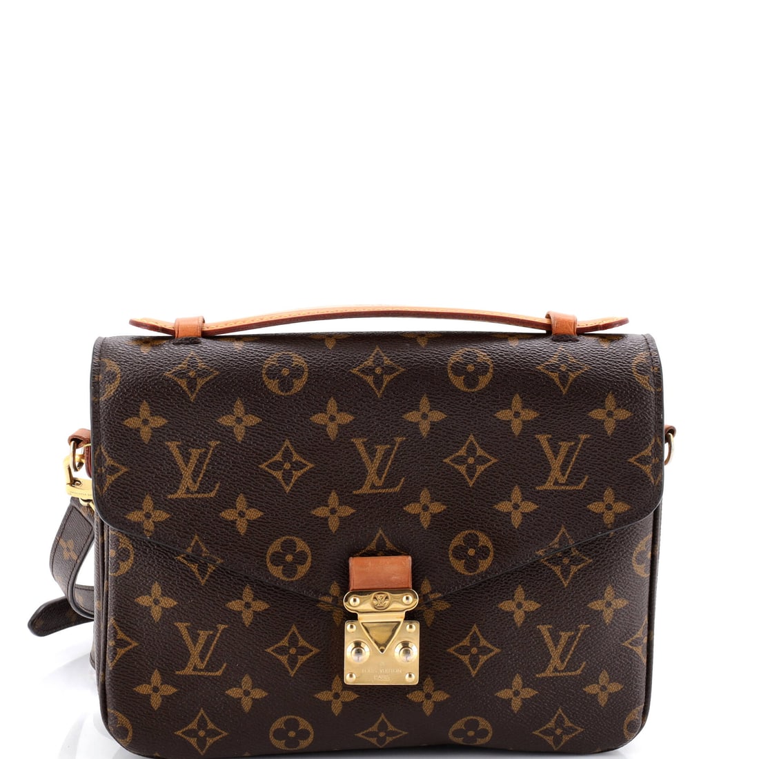 Louis Vuitton Pochette Metis Monogram Canvas: Footprint of 9.5 in wide, 8 in high and 3 in deep gives the Metis its odd advantage, small against the back yet deep enough for a day's contents. Flap and lock secure the front, and a 1 in handle drop