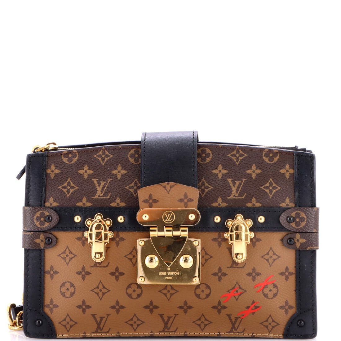 Louis Vuitton Trunk Clutch Reverse Monogram Canvas: This Trunk Clutch sits at the flattest end of the family at 8.5 in wide x 6 in high x 3 in deep, which is what lets it work under the arm where the larger Trunk shapes cannot. Reverse Monogram