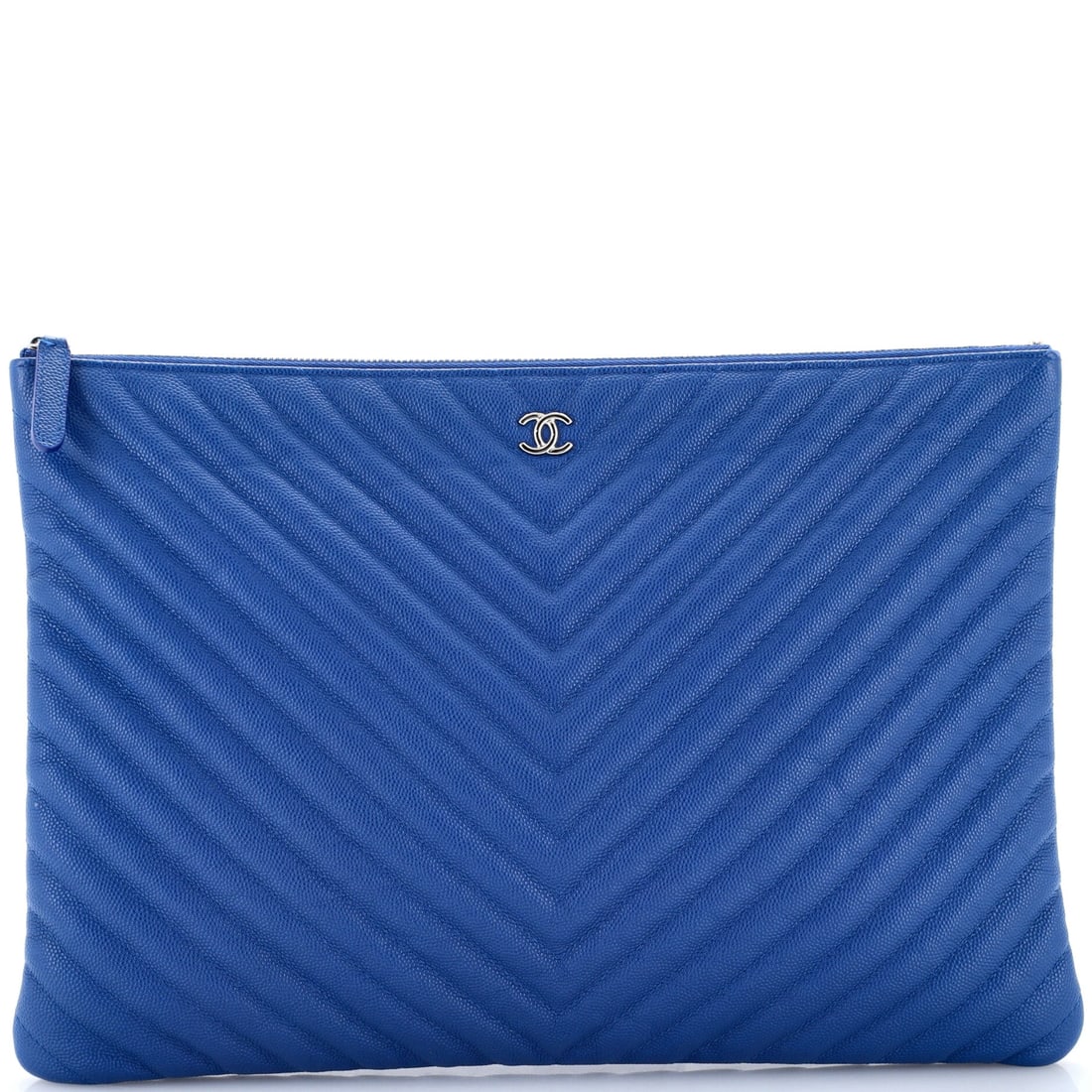 Chanel O Case Clutch Chevron Caviar: Large for an O Case at 13.5 in across and 10 in high on a 1 in depth, this one swallows a tablet or a stack of papers flat. Chevron quilting on caviar runs the full face, and the grain keeps a panel t