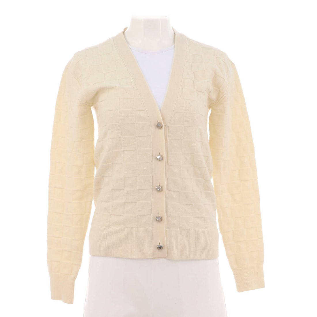 Hermes Women's Medor V-Neck Cardigan Wool Blend: Medor V-neck cardigan in a wool blend, cut narrow through the body at bust 30.0 in, length 23.5 in and sleeve 22.5 in. The neckline opens wide on a scarf or a shirt collar, and the knit is fine for la