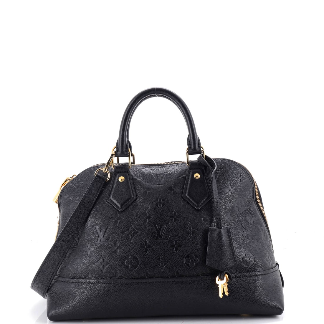 Louis Vuitton Neo Alma Handbag Monogram Empreinte Leather: Twin zips split the top of the Neo Alma, so either half opens on its own while the structured body stays upright. Monogram Empreinte embosses the print into the leather instead of laying it on the sur