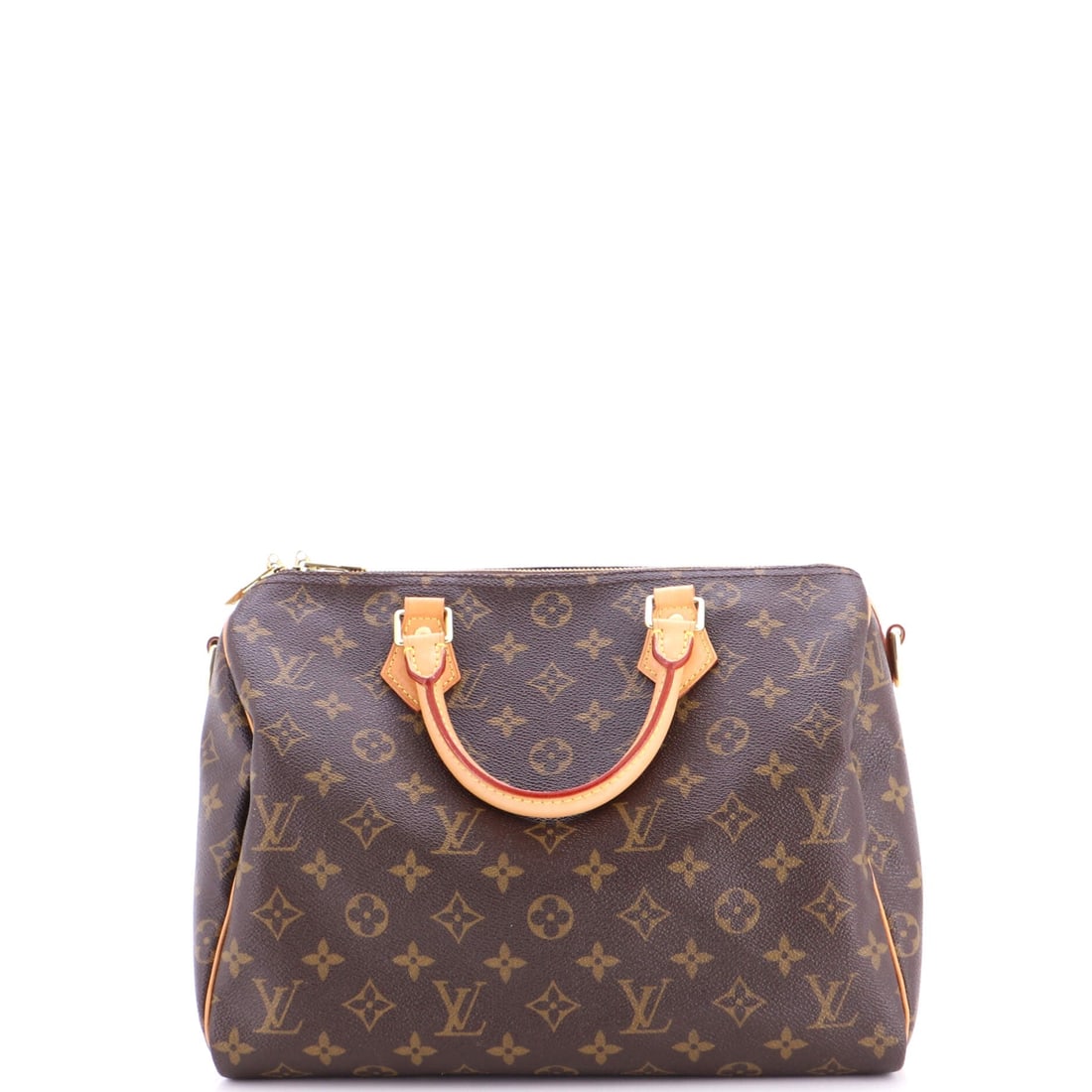 Louis Vuitton Speedy Bandouliere Bag Monogram Canvas: The monogram repeat runs edge to edge across a body of 12 in wide x 8 in high x 7 in deep, and that print is the whole visual identity of the model. That depth is what pushes the silhouette from handb