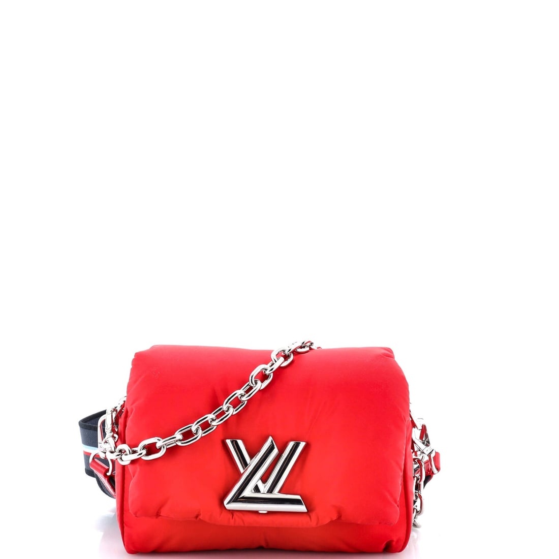 Louis Vuitton Ski Twist Handbag Padded Econyl: LV turn-lock hardware anchors the front of the Twist, set here against padded Econyl instead of the usual leather. Padding gives the 8 in wide, 7 in high, 4 in deep body a cushioned, insulated look wh