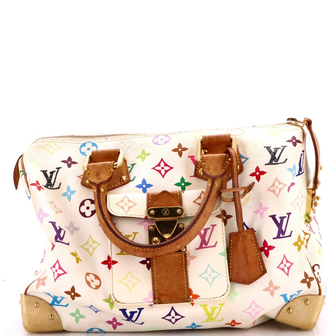 Louis Vuitton Speedy Handbag Monogram Multicolor: Collectors of the Multicolor print tend to want it on a Speedy, where a rounded body carries the repeat better than a flat panel does. Proportions run 12 in wide by 8 in high by 7 in deep, with a 3.5