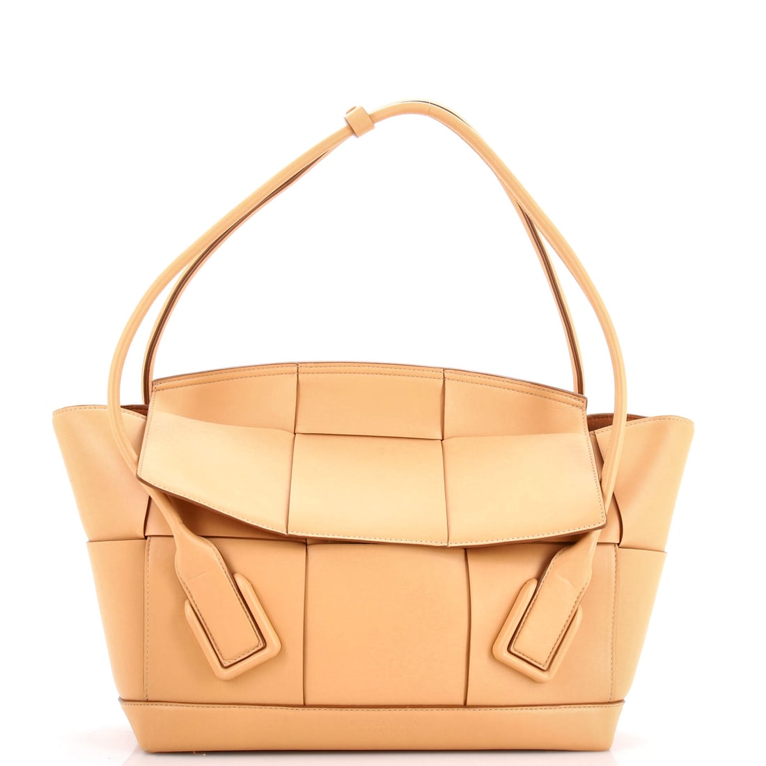 Bottega Veneta Arco Bag Maxi Intrecciato Leather: Long and low is the read, 12 in wide against 9.5 in of height with 4 in of depth, a rectangle that widens slightly toward the opening. Weave at maxi gauge does the structural work, holding the sides