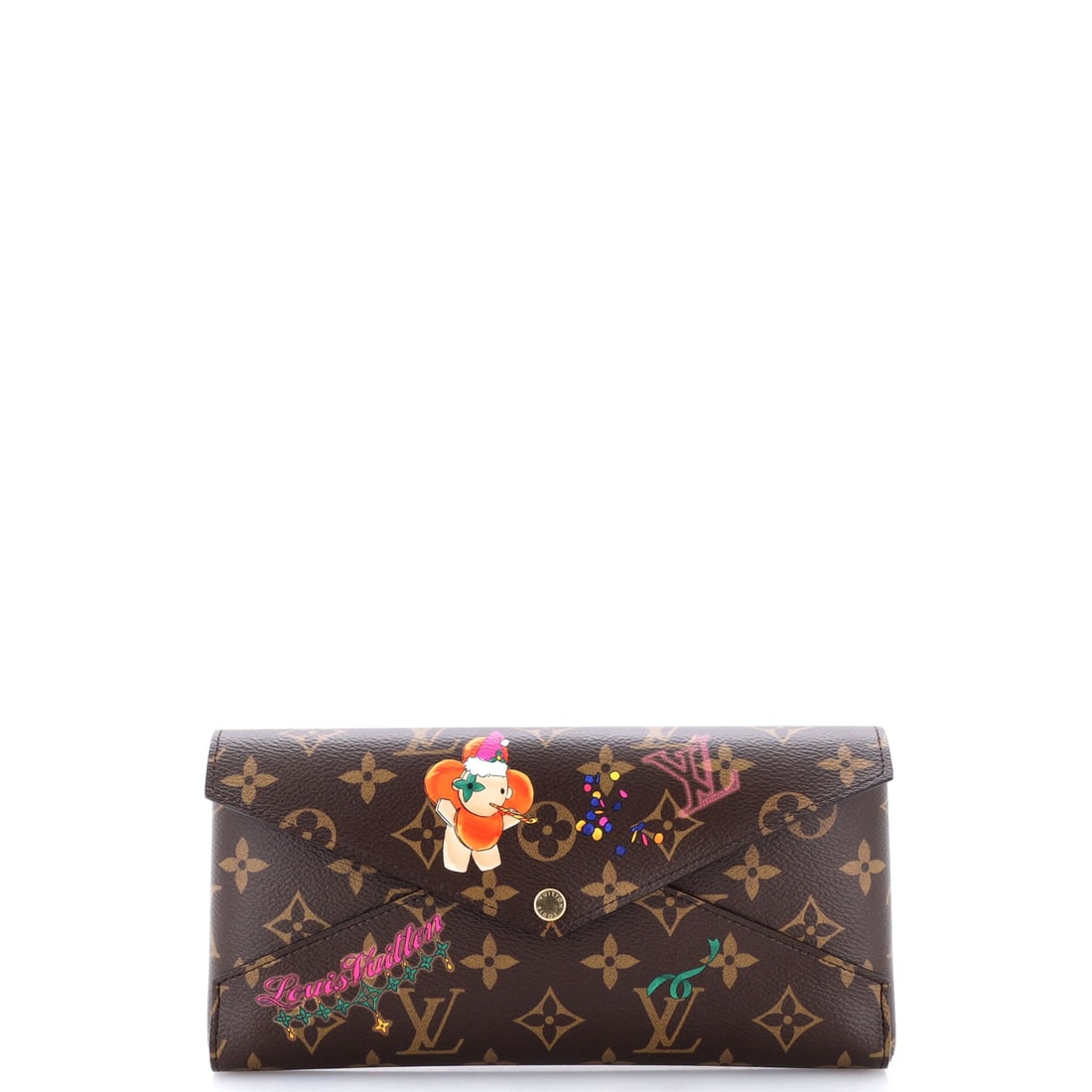 Louis Vuitton Kirigami Organizer Limited Edition Vivienne Xmas Monogram Canvas: Vivienne artwork is what separates this Kirigami Organizer from the plain monogram version, a limited edition Xmas print laid over coated canvas. The flat envelope shape measures 9 in wide x 4.5 in hi