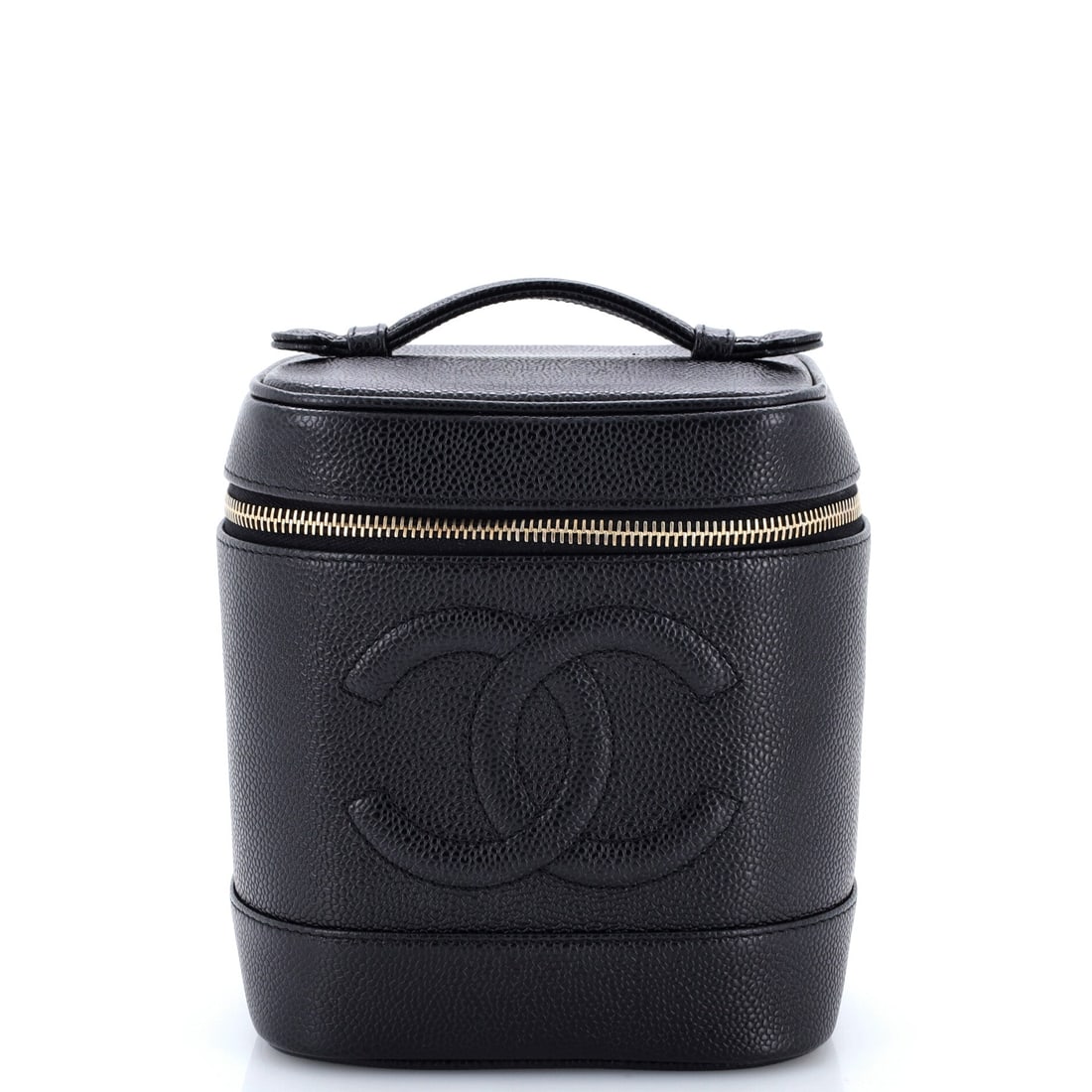 Chanel Vintage Timeless Cosmetic Case Caviar: Vanity cases were built to travel upright with the lid clear of the contents, and that is how this one behaves at 5.5 in wide, 6.5 in high and 5 in deep. Caviar leather makes it a piece to use out of 