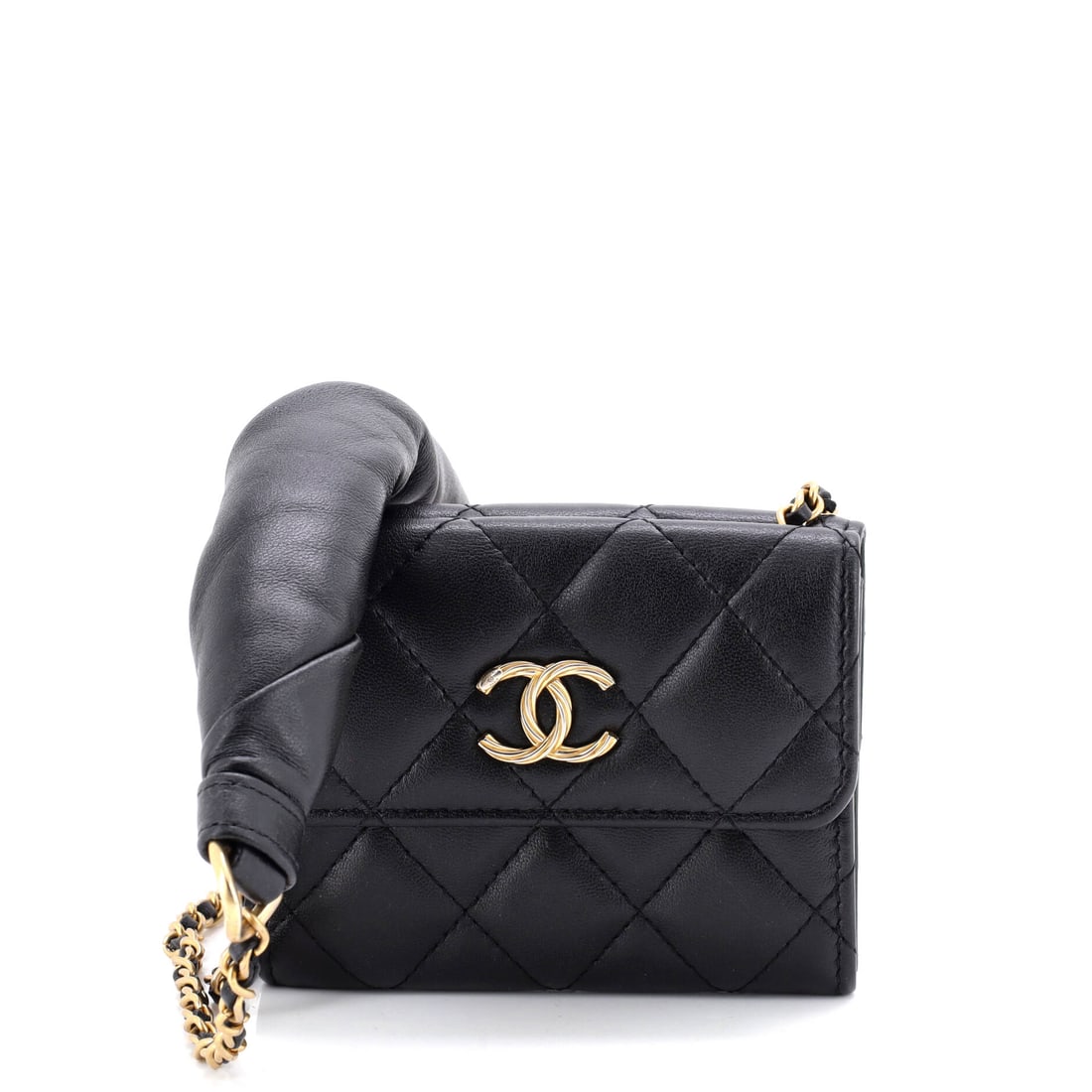 Chanel Card Holder with Padded Chain Strap Quilted Lambskin: A padded chain strap is the detail that sets this card holder apart, leather sleeved over the links so the chain sits softer on the shoulder. Lambskin takes quilting with a plush surface that shows th