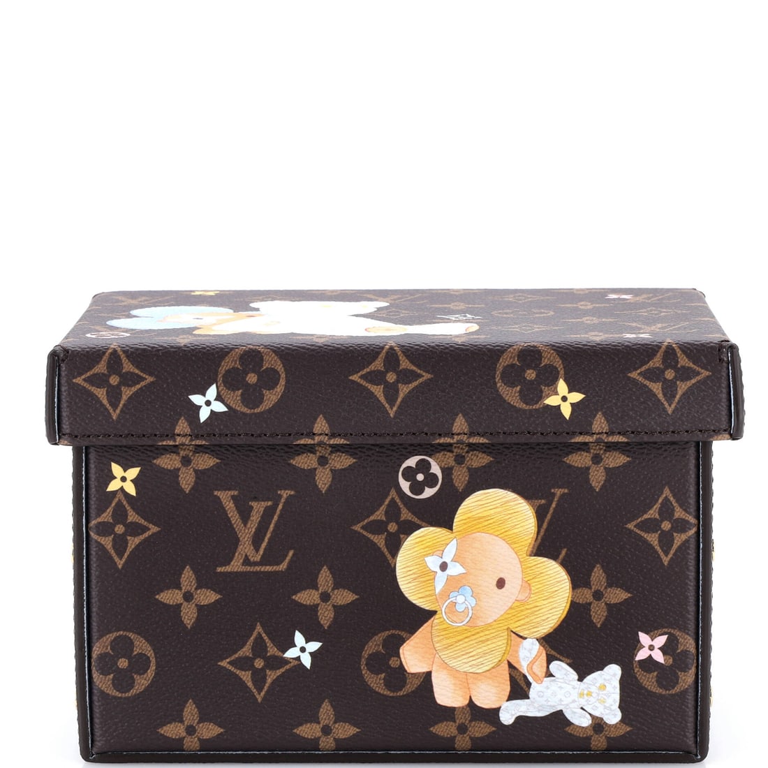 Louis Vuitton Cardboard Box Limited Edition Vivienne Balloon Monogram Canvas: Cardboard Box turns packaging into an object, a Monogram canvas box measuring 7.5 in wide x 6 in high x 5 in deep. Vivienne Balloon artwork of this limited edition sits on the panels as the visual eve