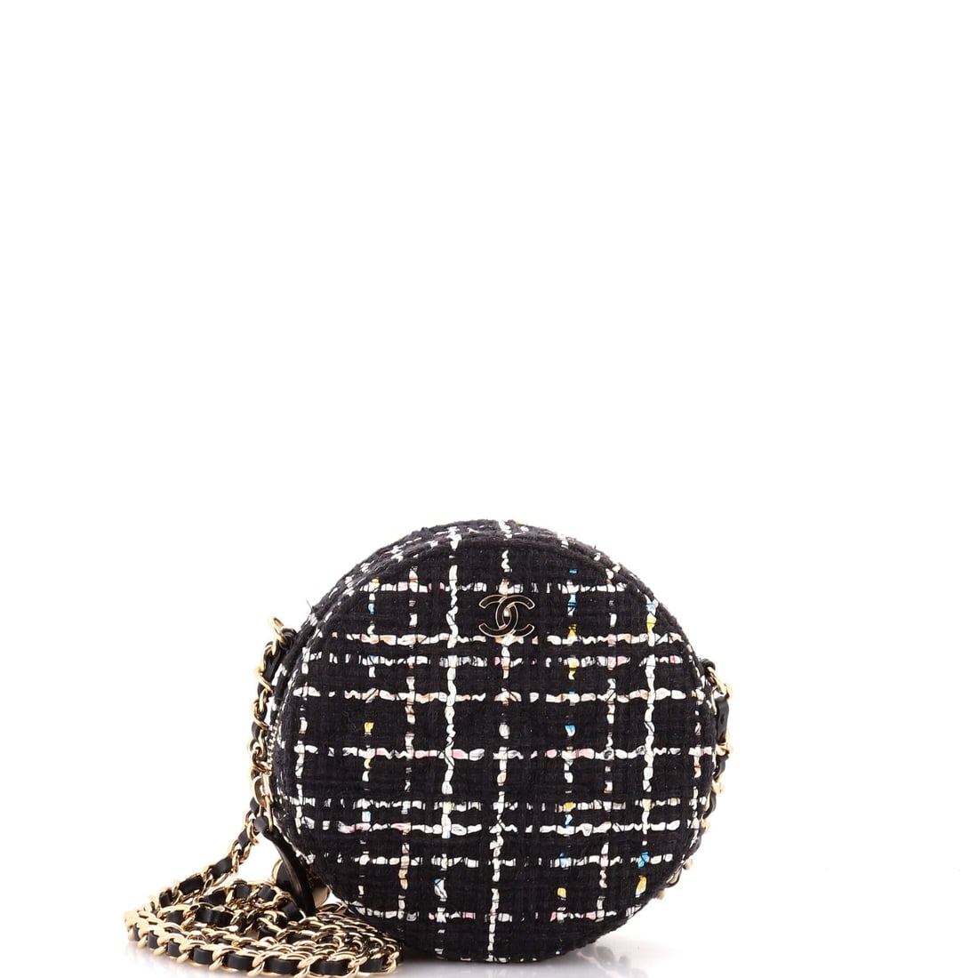 Chanel Charm Round Clutch with Chain Quilted Tweed: Diamond quilting stitched into tweed, not leather, gives this round clutch its surface, the lines pressing into the nap of the cloth. At 4.5 in wide x 5 in high x 2 in deep the body is small and nearl