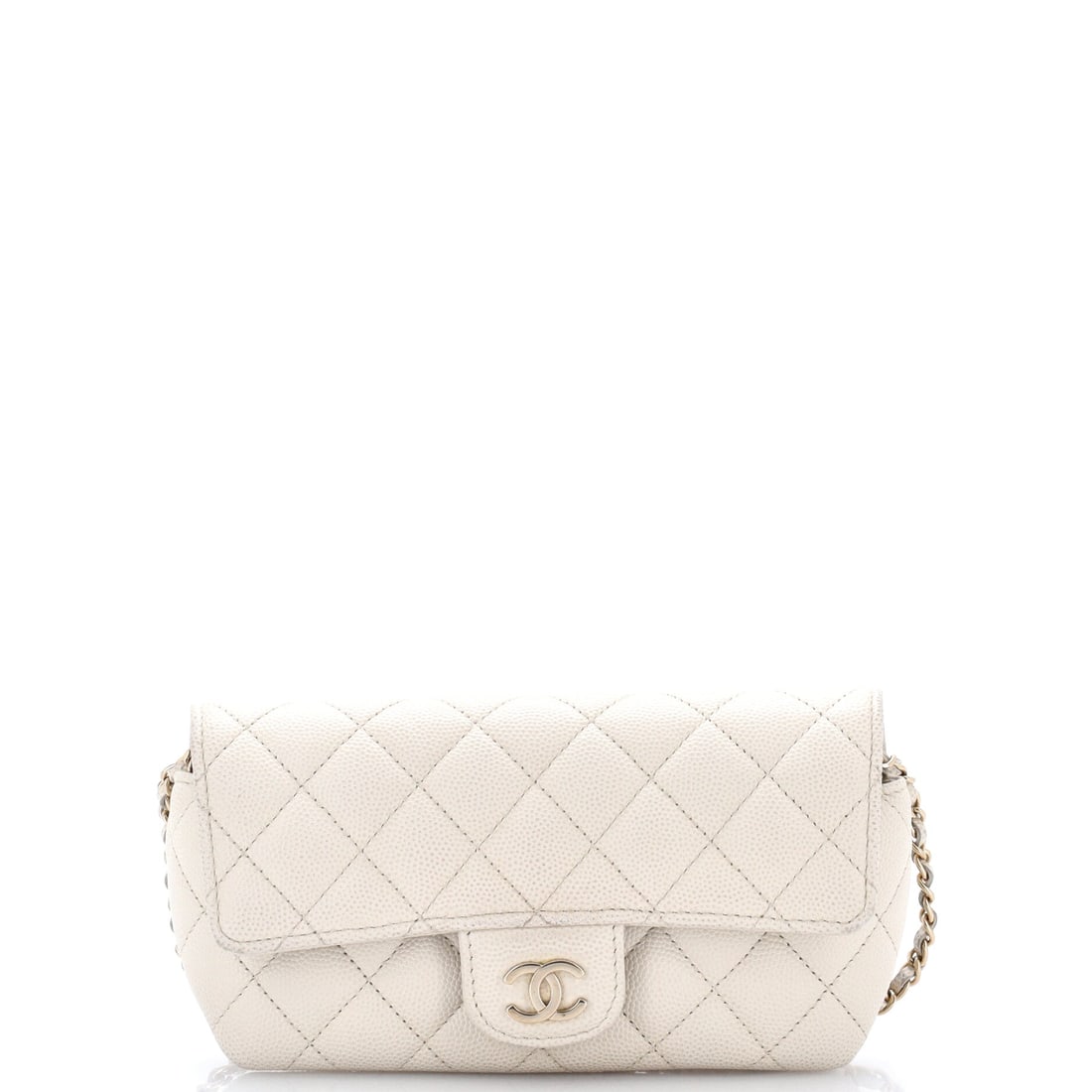 Chanel Classic Sunglasses Case with Chain Quilted Caviar: Chanel's small chain-strap accessories have become a collecting category of their own, and the sunglasses case is among the most usable at 7 in wide x 3.5 in high x 2 in deep. A 22 in strap drop puts 