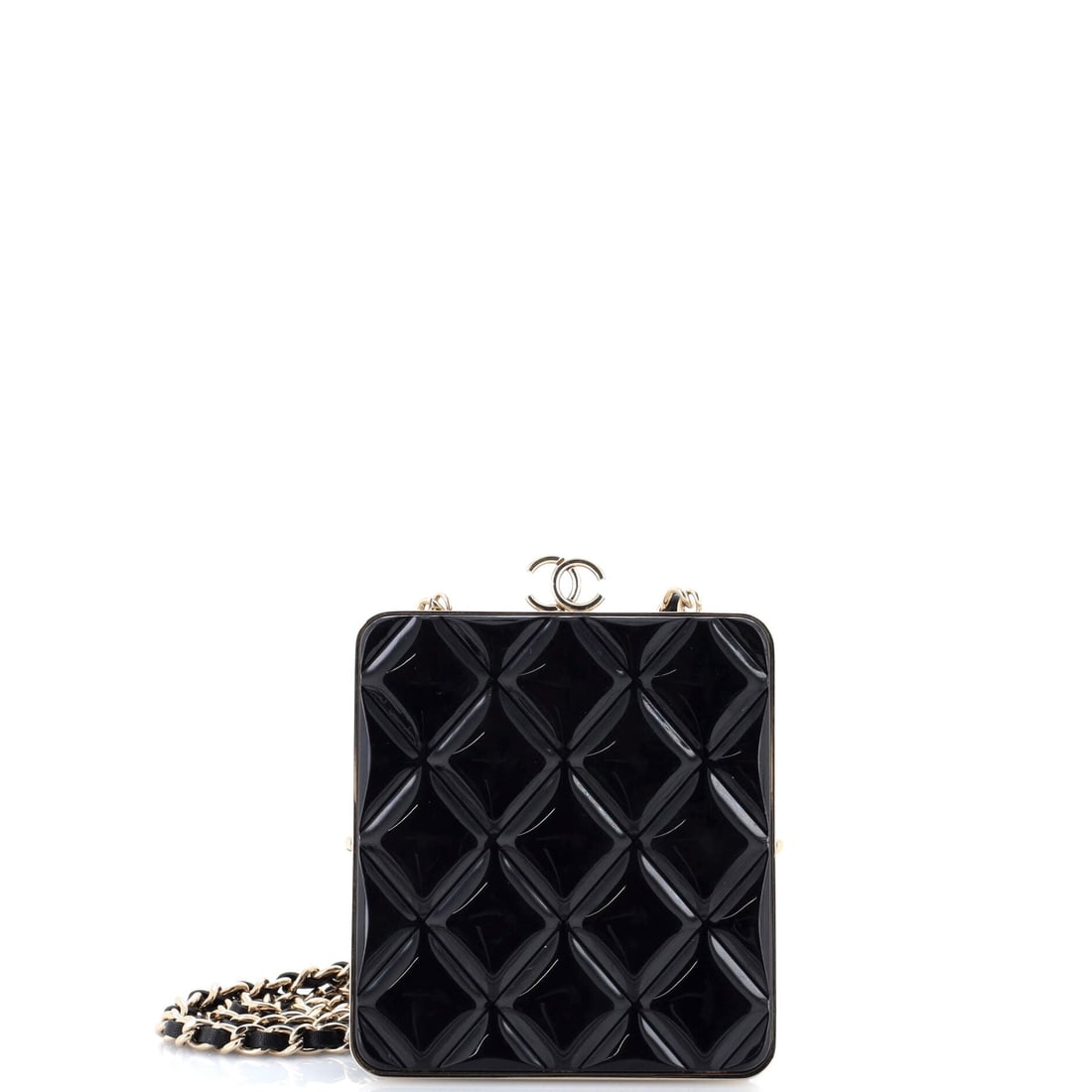 Chanel CC Frame Clutch with Chain Quilted Lambskin and Plexiglass: When a rotation needs something for dinner, this CC Frame Clutch with Chain covers it at 4 in wide x 5 in high x 2 in deep. Quilted lambskin softens the body while the plexiglass frame draws a hard
