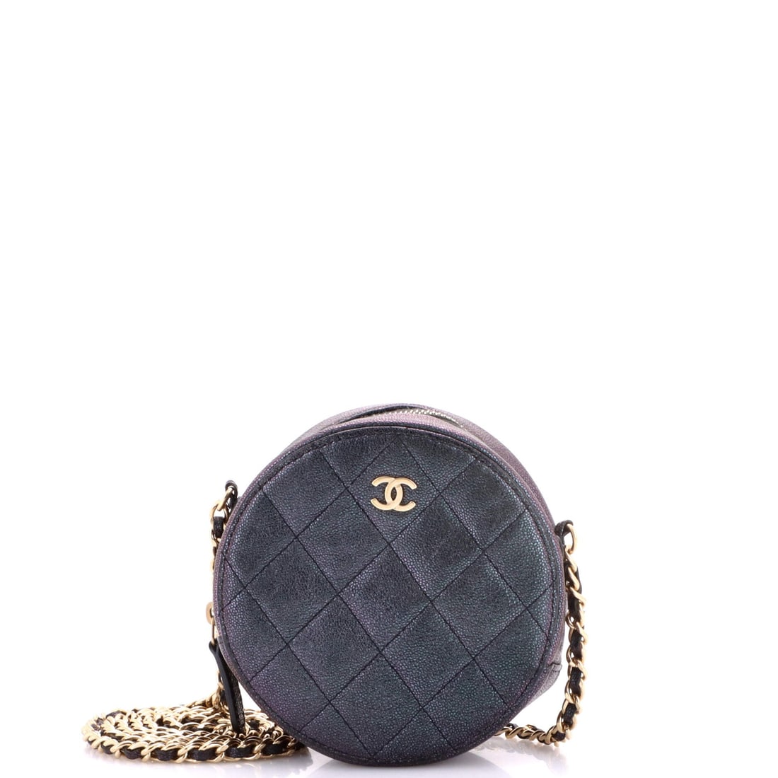 Chanel Round Clutch with Chain Quilted Iridescent Caviar: Iridescent caviar shifts tone as it moves, and on a round body that shimmer travels the full circumference instead of stopping at a flat panel. Pebbled grain also holds quilting crisply, so the diamon