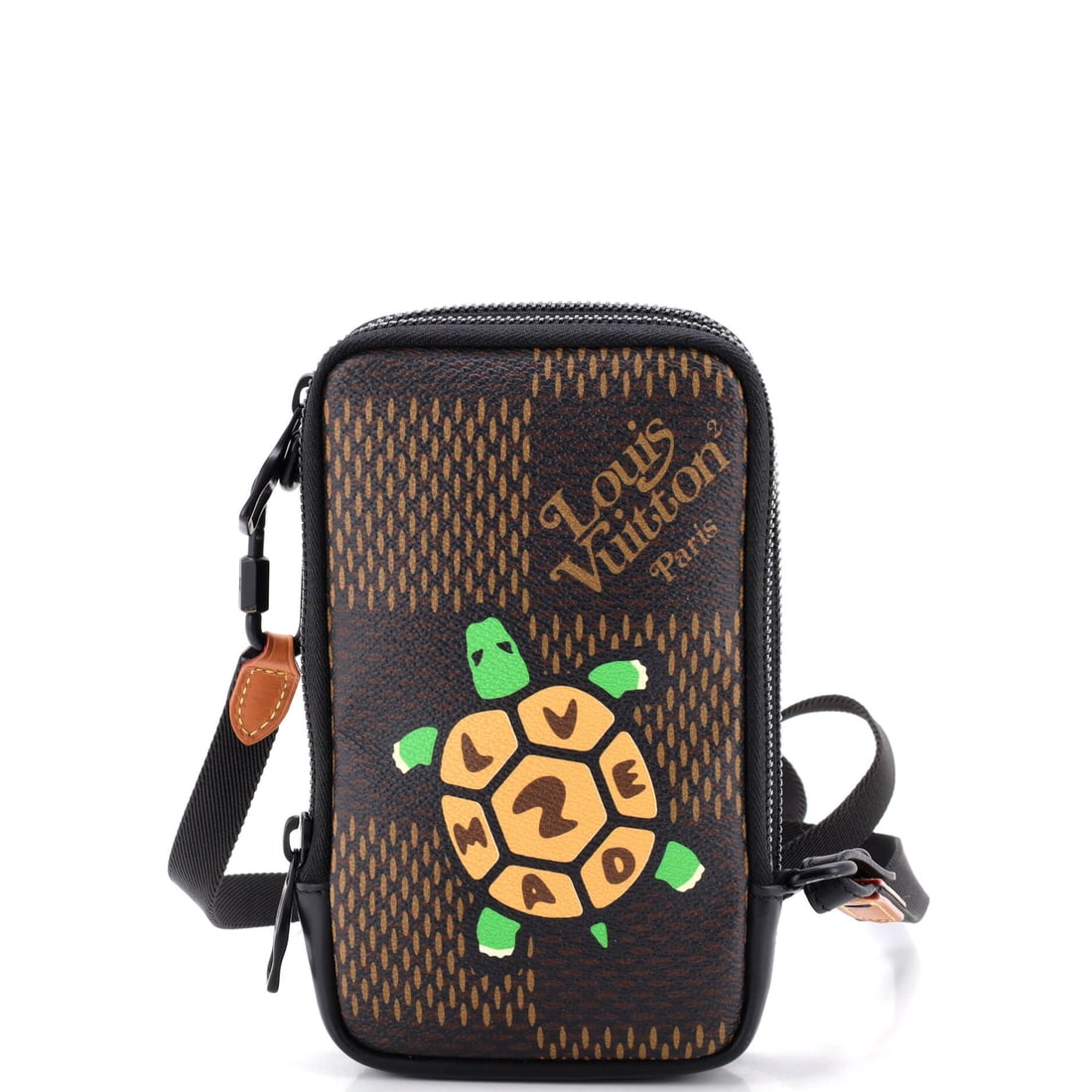 Louis Vuitton Nigo Double Phone Pouch Limited Edition Printed Giant Damier: Two pouches on one strap solve a specific problem, phone in one and cards or keys in the other, both riding in front at a 20 in drop. The Nigo collaboration prints Giant Damier across them, scaled up