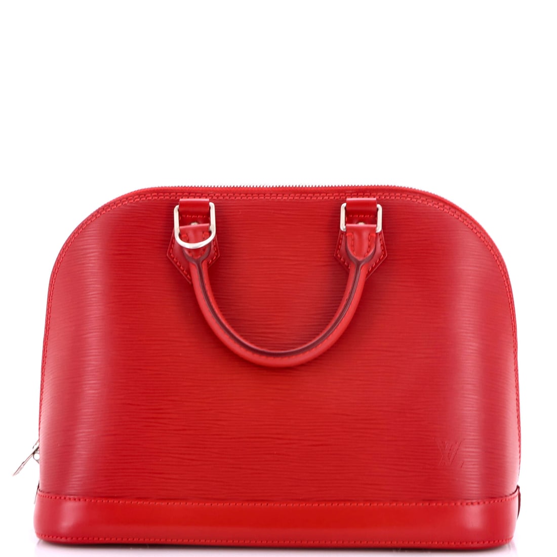 Louis Vuitton Alma Handbag Epi Leather: Epi leather's vertical grain is the signature, a wave pattern embossed so firmly that every panel carries its own stiffness. Measurements of 12 in wide x 9 in high x 6 in deep make for a genuinely