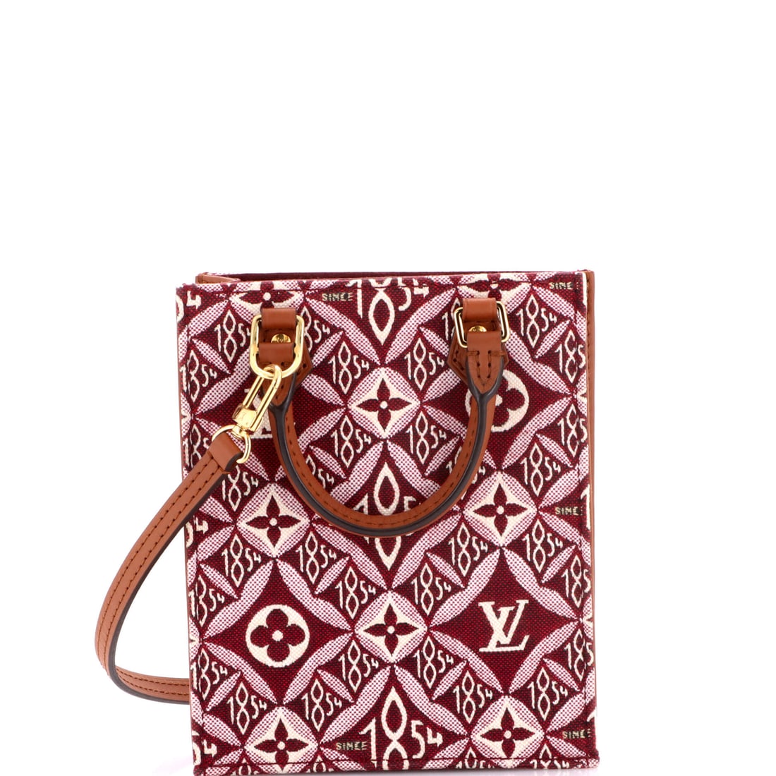 Louis Vuitton Petit Sac Plat Bag Limited Edition Since 1854 Monogram Jacquard: Designed as a flat carrier for papers, the Sac Plat shrinks here to 5.5 in wide x 6.5 in high x 2 in deep, where it works as a phone-and-cards bag on tall handles. Those handles give a 2.5 in handle