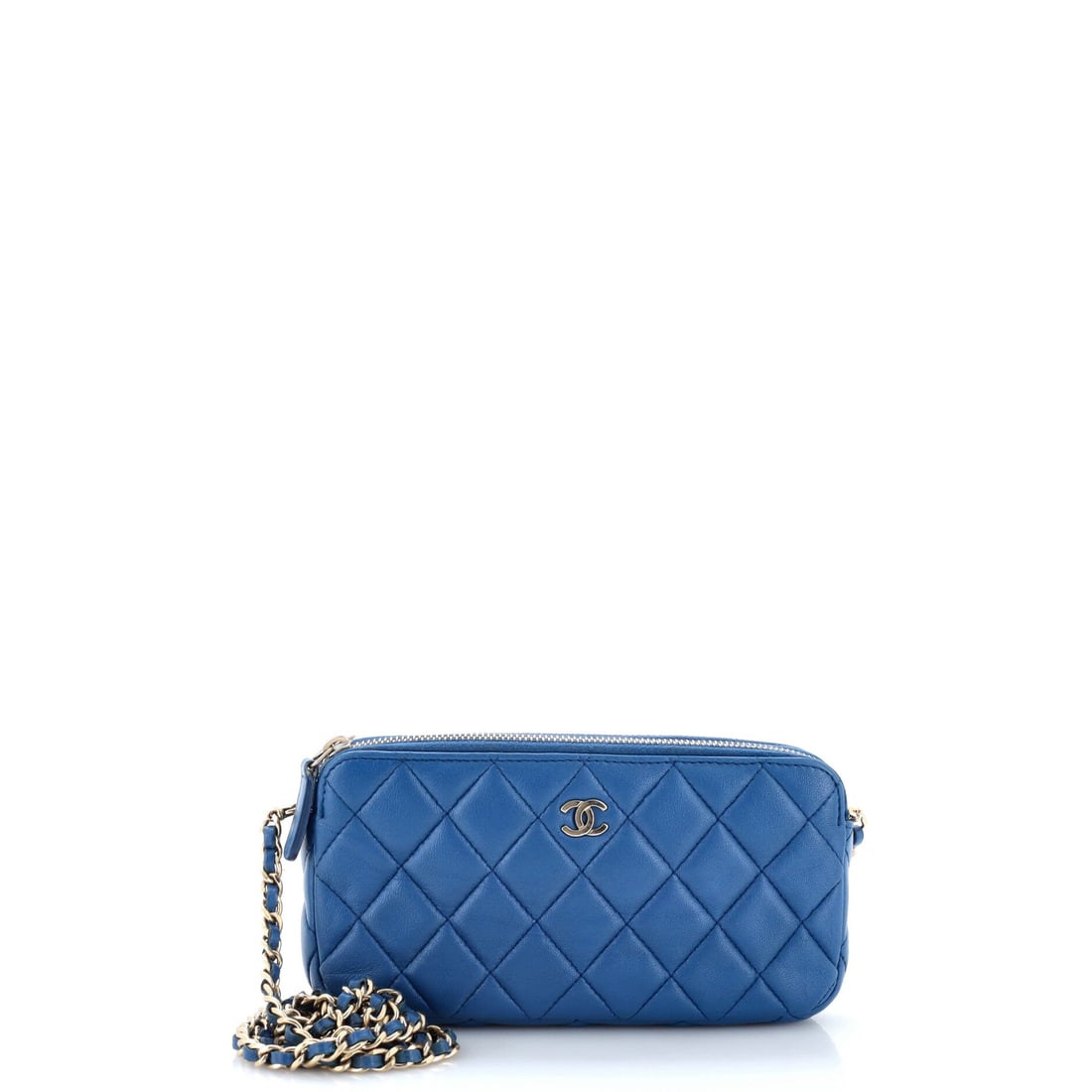 Chanel Double Zip Clutch with Chain Quilted Lambskin: Quilted lambskin at this size shows the stitch scale clearly, each diamond sized down to suit a 7 in wide x 4 in high x 1 in deep body. Two zip compartments separate cards from phone and cash, which i