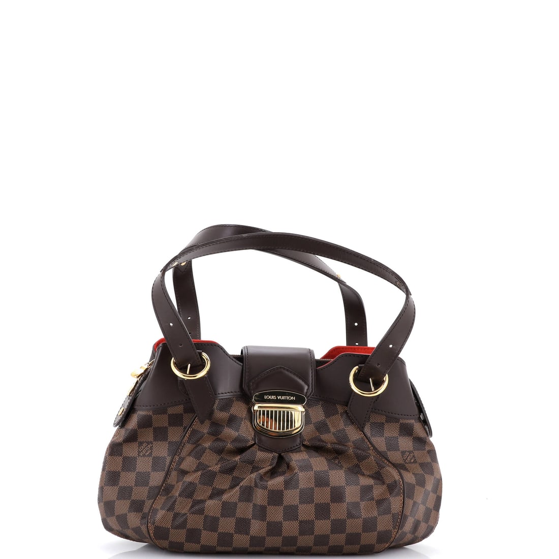 Louis Vuitton Sistina Handbag Damier: Wide and shallow, the Sistina sets a 16 in wide x 9 in high x 3 in deep body that sits flat along the side. Damier canvas holds that rectangle crisp, and handles dropping 8-10 in allow shoulder or han