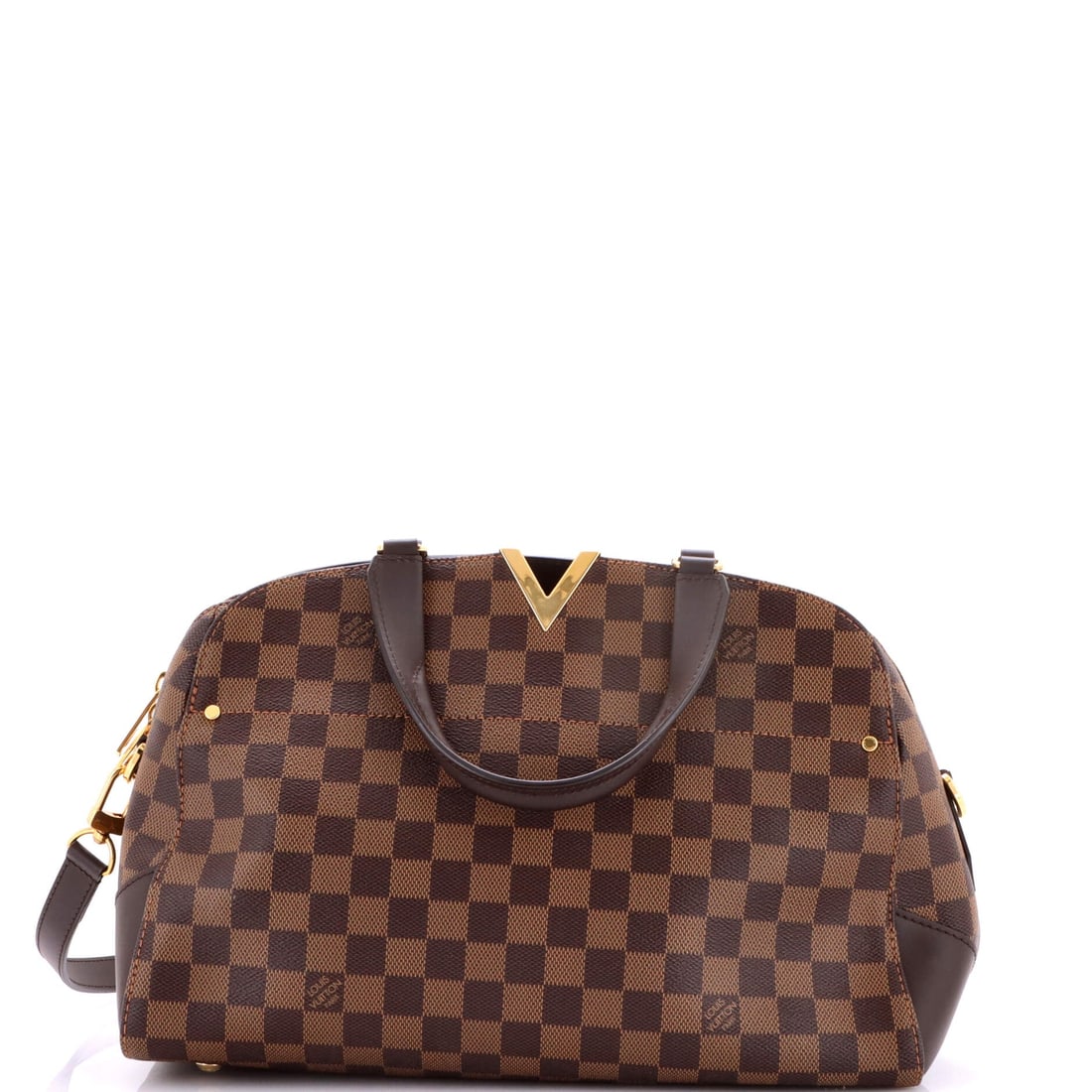 Louis Vuitton Kensington Bowling Bag Damier: Two carries are built in, a 5 in handle drop for the arm and 14-16 in of strap for shoulder work. Assessed at Grade B - Excellent. The bowling silhouette runs 14 in wide, 9 in high and 5.5 in deep, br