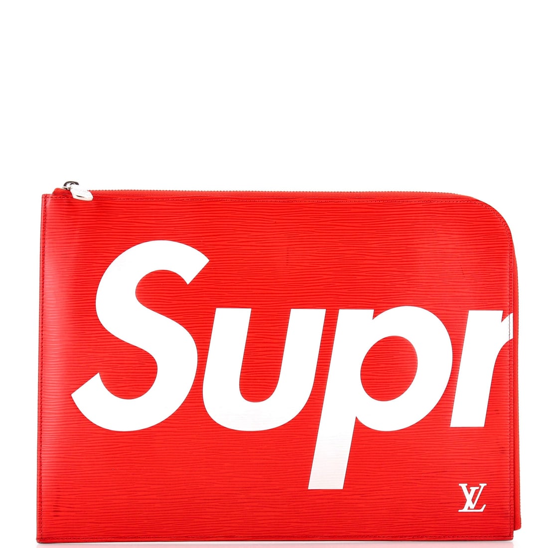 Louis Vuitton Pochette Jour Limited Edition Supreme Epi Leather: Epi grain runs in tight parallel lines across this Pochette Jour, a surface that catches light in bands and stays crisper than smooth calf as the years pass. The Supreme edition treats the flat 13 in 