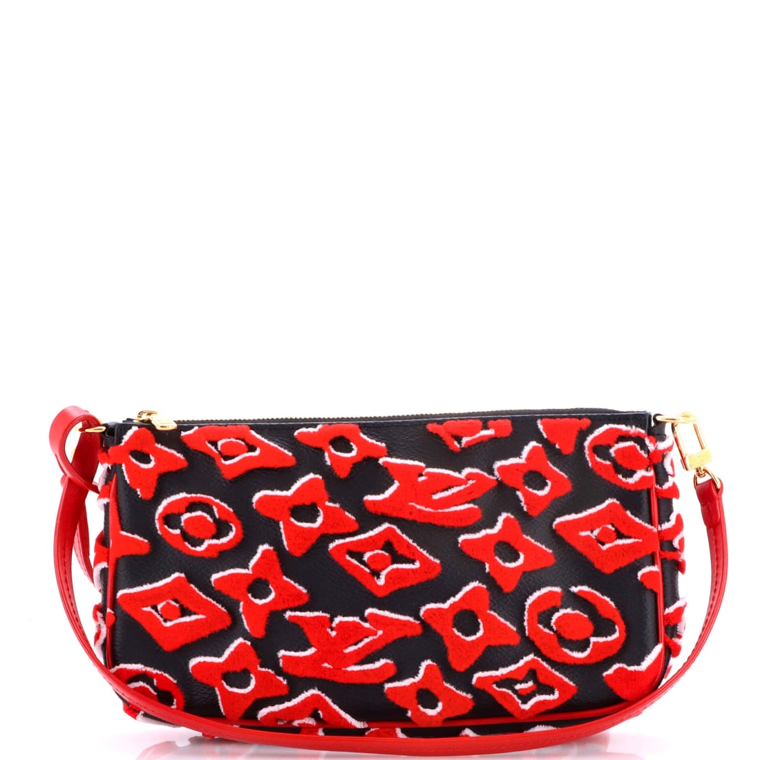 Louis Vuitton Pochette Accessoires NM Limited Edition Urs Fischer Tufted Monogram Canvas: A long, shallow rectangle with a zip along the top edge, the Pochette Accessoires NM has always been the flattest useful shape in its line. This Limited Edition Urs Fischer version carries a tufted mo