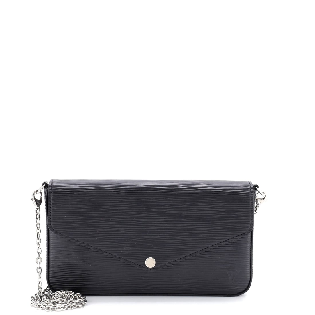 Louis Vuitton Felicie Pochette Epi Leather: Long and low in profile, this Felicie stretches 9 in wide against 4.5 in high and 2 in deep, proportions suited to a phone laid flat. Epi grain works as pattern with no print involved, which leaves it