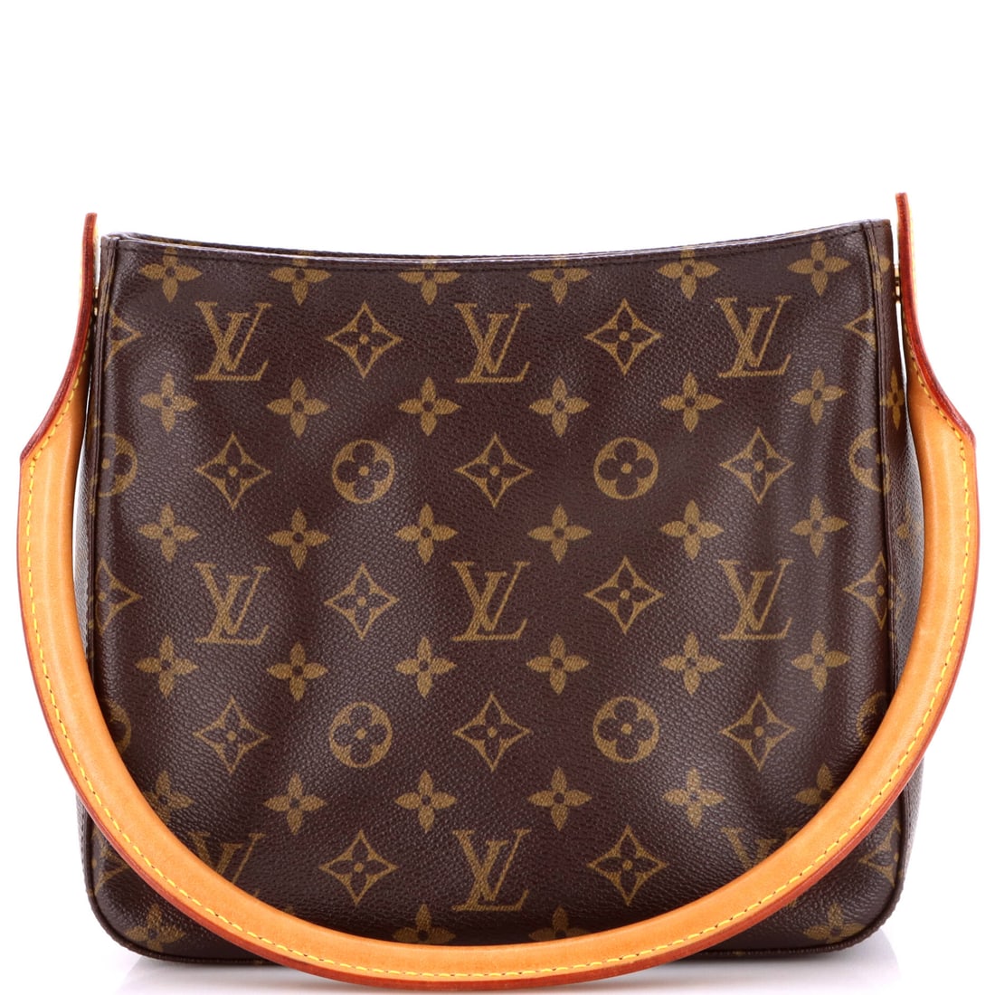 Louis Vuitton Looping Handbag Monogram Canvas: Rounded at the base and flat across the top, the Looping holds a soft outline where most Monogram bags of its size are squared off. At 9 in wide x 8 in high x 3.5 in deep it comes close to square from
