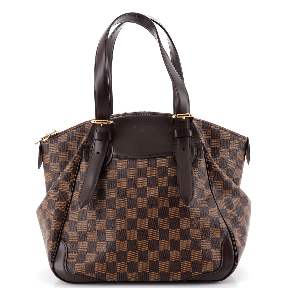 Louis Vuitton Verona Handbag Damier: Adjustable handles are the Verona's real advantage, dropping 7-9 in so the bag rides on the shoulder or in the hand with no separate strap. Damier canvas over a 12 in wide, 11 in high, 6.5 in deep bod