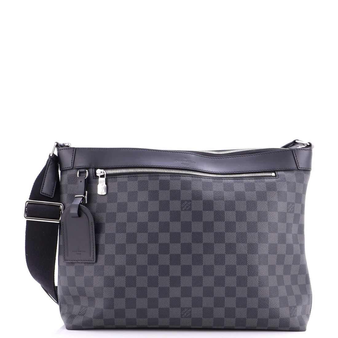 Louis Vuitton Mick NM Messenger Bag Damier Graphite: Damier Graphite has a following of its own, and the Mick NM shows that canvas at its most usable scale. The body measures 14.5 in wide x 10 in high x 3 in deep, document width without added bulk. Stra