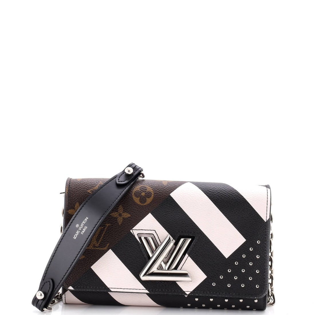 Louis Vuitton Twist Chain Wallet Limited Edition Studded Monogram Canvas: Twist Chain Wallet in the studded limited edition treatment scatters studs across the Monogram canvas, turning a flat face into something textural. An LV turn-lock still does the closing, and the whol