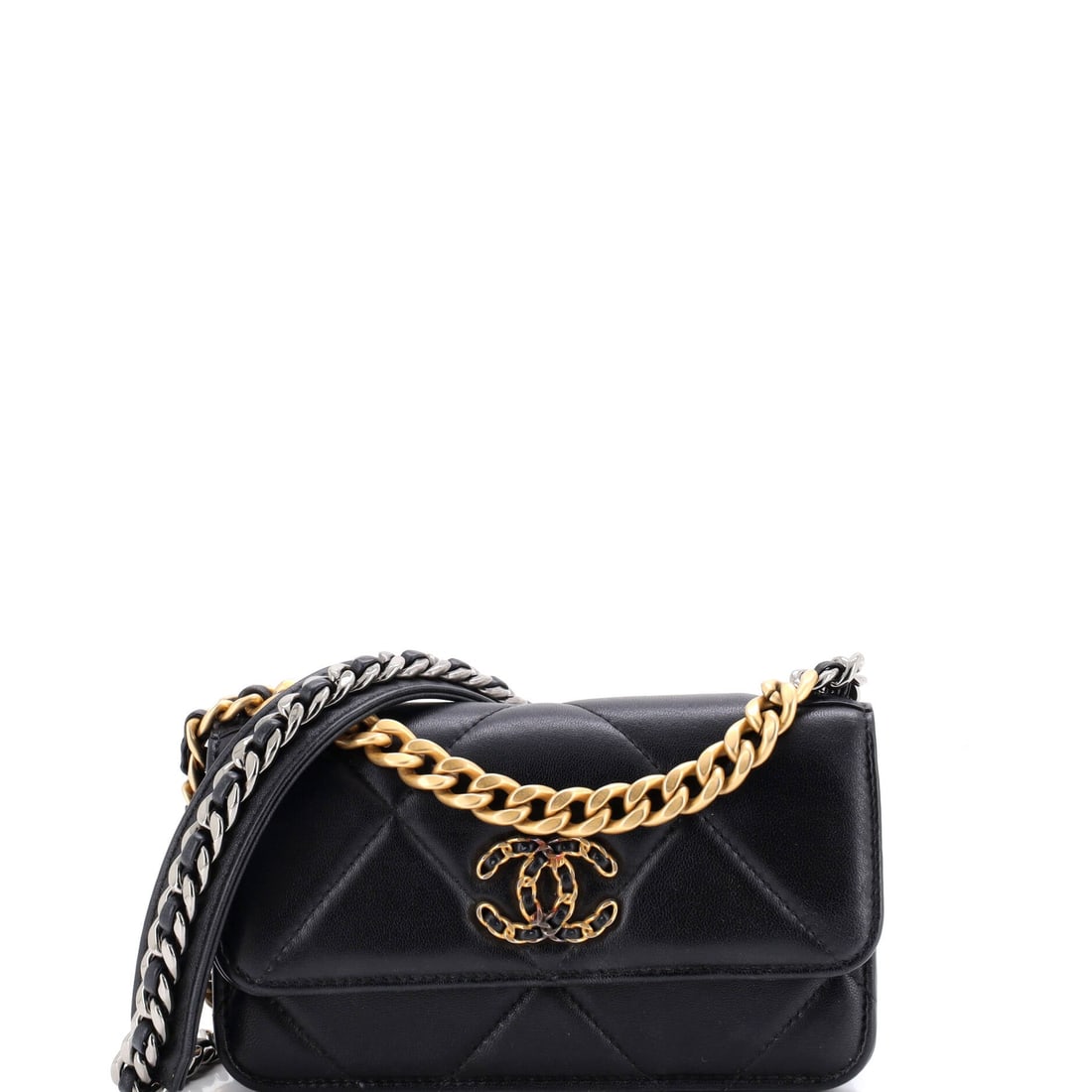 Chanel 19 Flap Phone Holder with Chain Quilted Lambskin: Phone holders in the 19 line borrow the whole vocabulary at reduced scale, oversized quilting, turnlock flap and mixed-metal chain, here on a 6.5 x 4 x 1.5 inch body. That footprint takes a phone and 