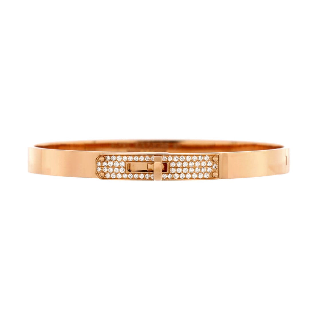 Hermes Kelly Bracelet 18K Rose Gold and Pave Diamonds: Pave diamonds across the Kelly's lock-and-strap motif, in 18K rose gold at a 5.7 mm width. Grade A - Pristine. Diamond-set bracelets at this width sit between delicate and declarative, which is the re