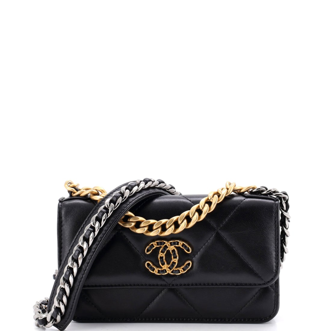 Chanel 19 Flap Phone Holder with Chain Quilted Lambskin: Seven inches wide by 4 high by 1.5 deep, this quilted lambskin holder is built for a phone, a card or two and a key, worn on its chain and carried nowhere else. Lambskin gives the small panels a soft,