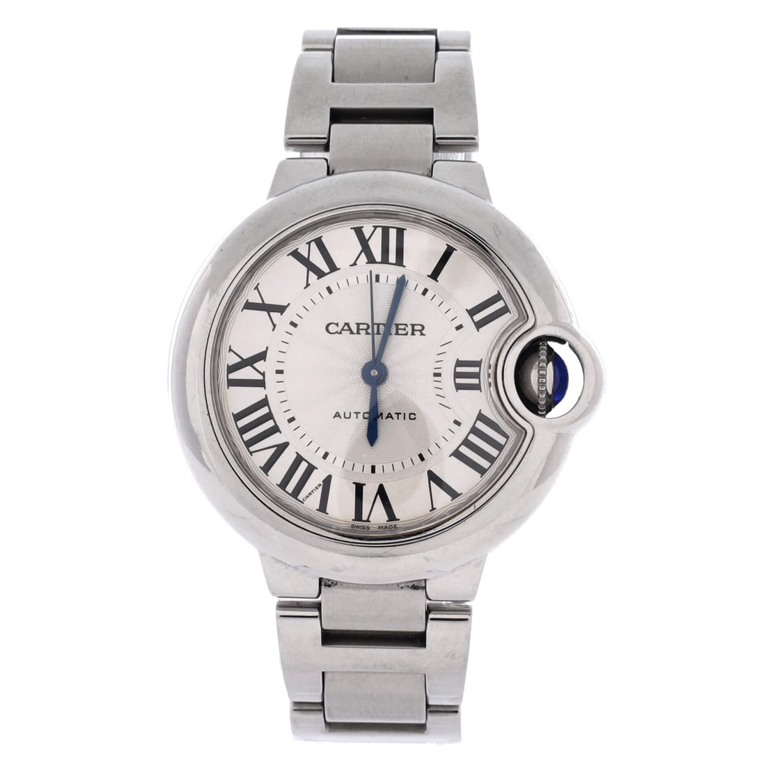 Cartier Ballon Bleu de Cartier Automatic Watch Stainless Steel: The Ballon Bleu's cabochon crown tucks into the case flank, which is why the 33mm size wears rounder and a touch larger than the number suggests. At 10mm thick on a 16mm steel bracelet, it is a mid-si