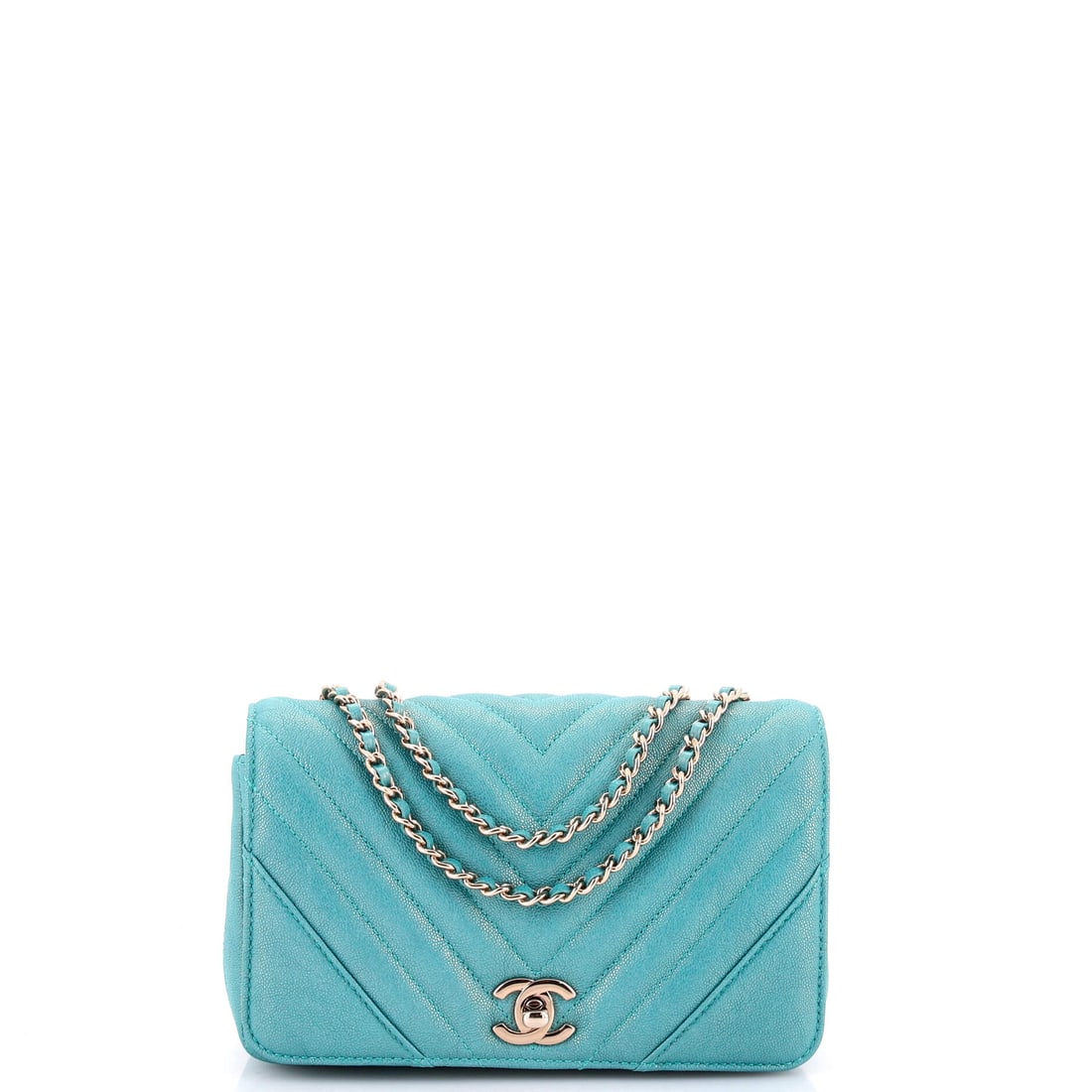 Chanel Statement Flap Bag Chevron Iridescent Caviar: Iridescent caviar shifts tone as it moves, which on a chevron-cut Statement flap emphasises every angled seam. At 8 inches wide by 5 high it is the compact end of the line, still broad enough to hold 