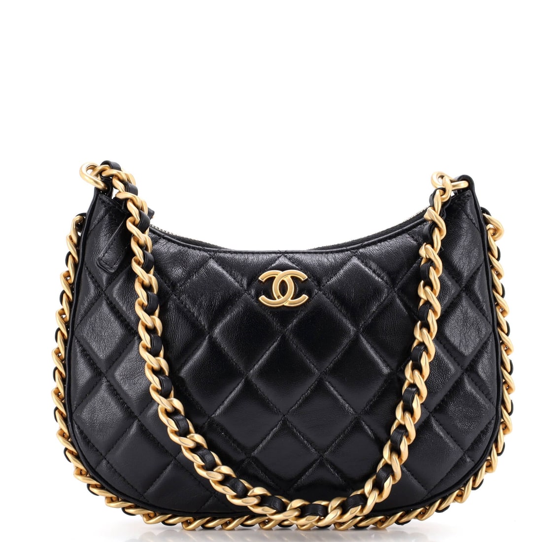Chanel CC Chain Around Hobo Quilted Lambskin: Chain threaded right around the perimeter is the Chain Around signature, and on this quilted lambskin hobo it frames a body of W 8 x H 5 x D 1.5 in. A depth of just 1.5 inches holds it flat to the bod