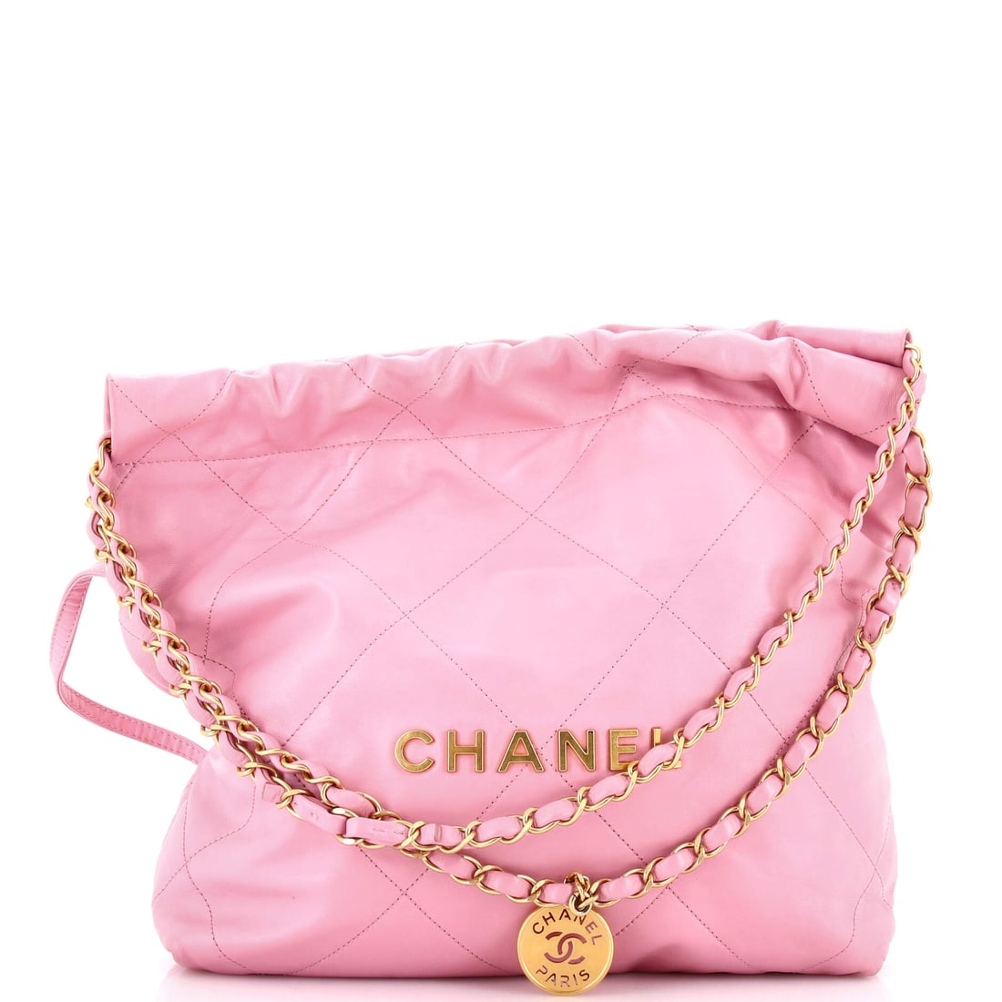 Chanel 22 Chain Hobo Quilted Calfskin: Chanel's 22 reads at its most recognizable in this quilted calfskin, where the oversized diamond panels have room to run across a 12 by 12 in body. A 3 in gusset keeps the shape slouching rather than 