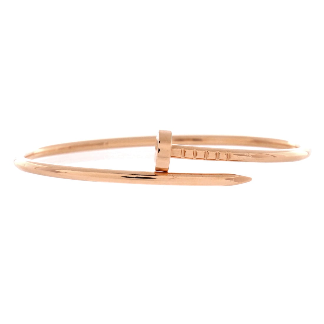 Cartier Juste un Clou Bracelet 18K Rose Gold: Rose gold suits this line particularly well, warming what is otherwise a hard-edged idea. The shank holds at 2.5 mm, the slimmer of the two standard widths and the one that reads as jewelry rather tha