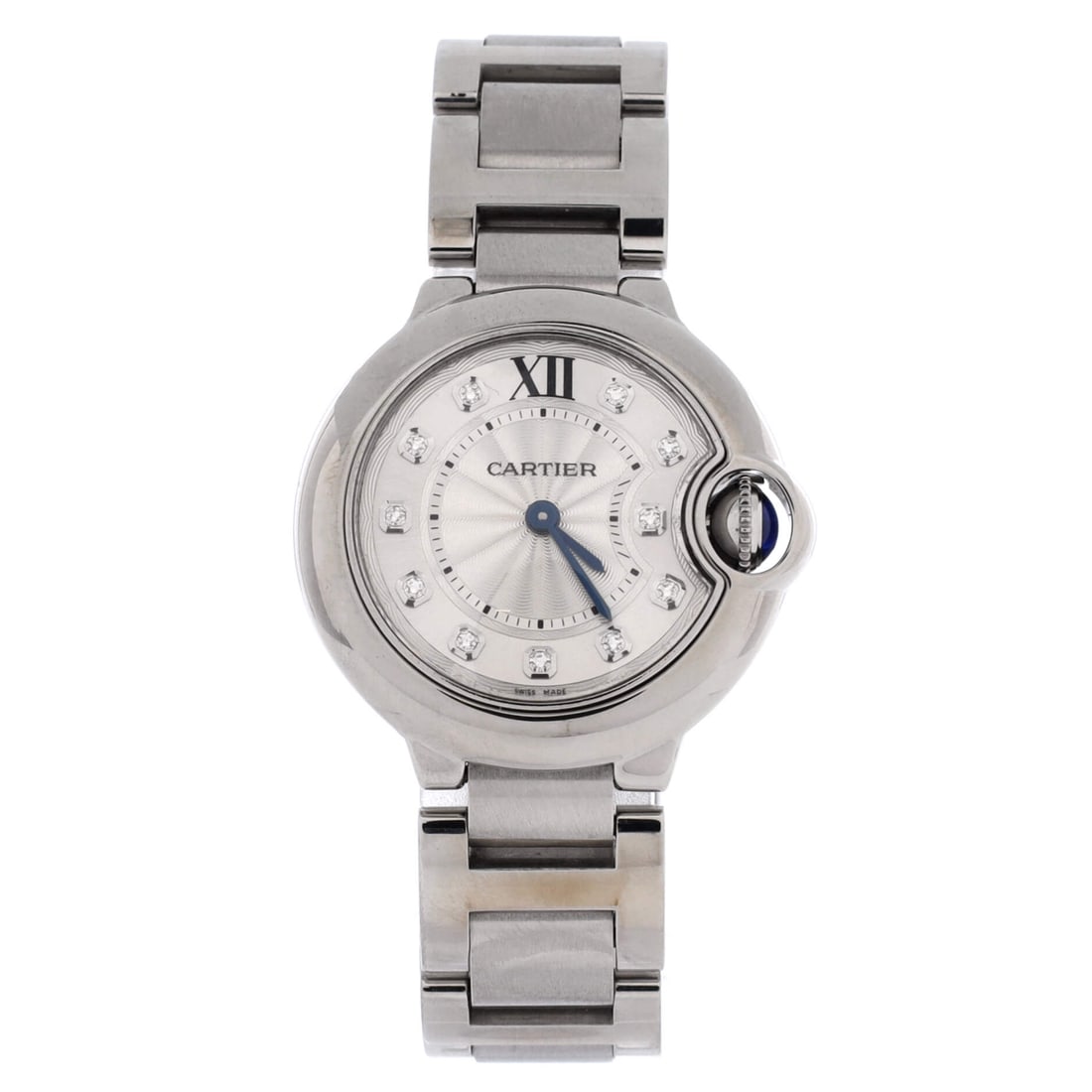Cartier Ballon Bleu de Cartier Quartz Watch Stainless Steel with Diamond Markers: Diamond hour markers, not a diamond bezel, carry the light on this 28mm quartz Ballon Bleu, which makes for a subtler use of stones. It is the slimmest here at 9mm, on a 14mm bracelet closing at 6 inc