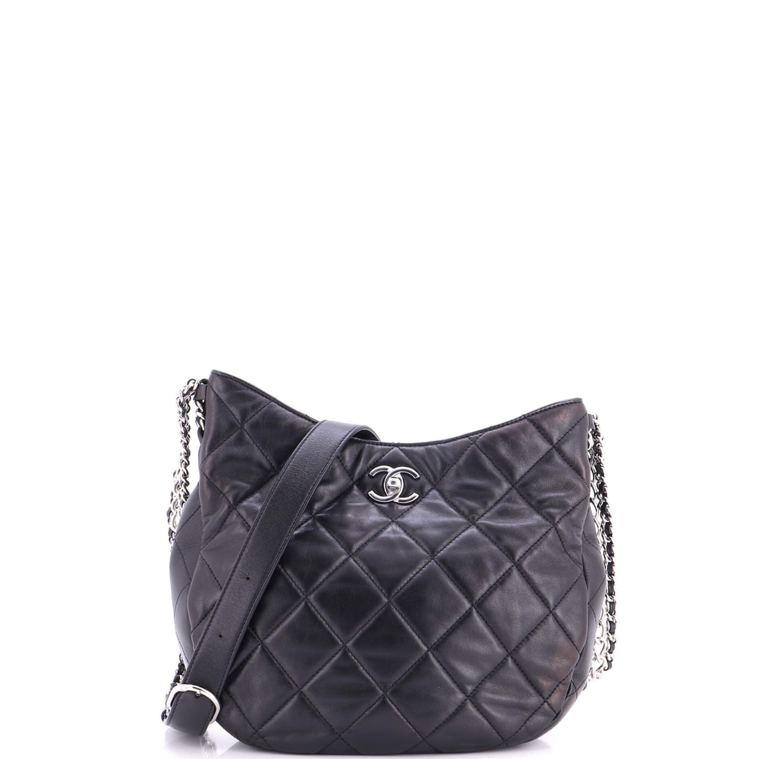 Chanel Chain Rows Hobo Quilted Lambskin: Rows of chain across the top define this hobo, which slouches in quilted lambskin exactly as the shape intends. Wide and flat at 12 by 7 inches with just 2 inches of depth, it sits close under the arm