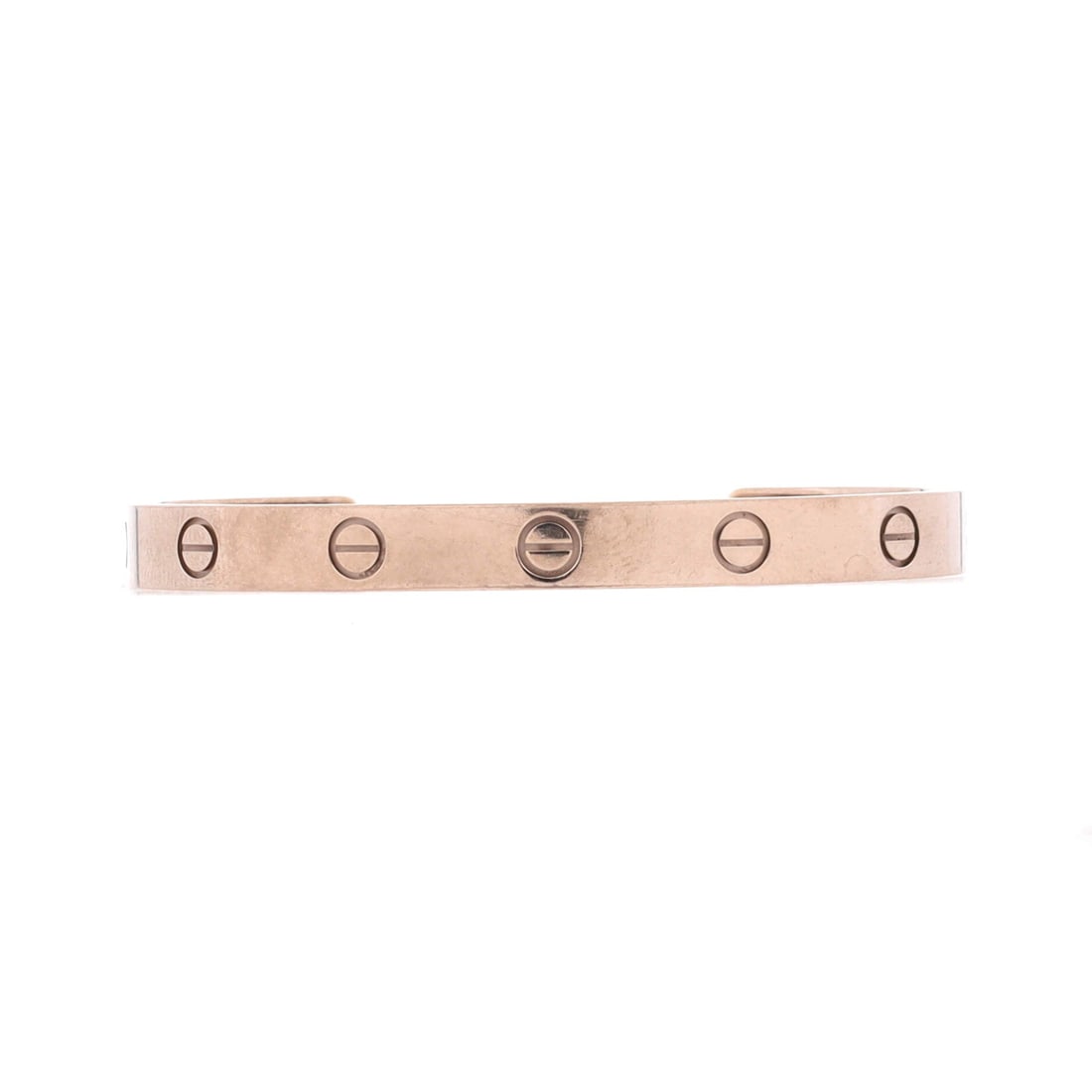 Cartier Love Cuff Bracelet 18K White Gold: White gold gives the Love Cuff a harder edge, the 6.2 mm band reading almost architectural against the wrist. Because the back is open, it goes on with a light flex and comes off the same way. Shows a