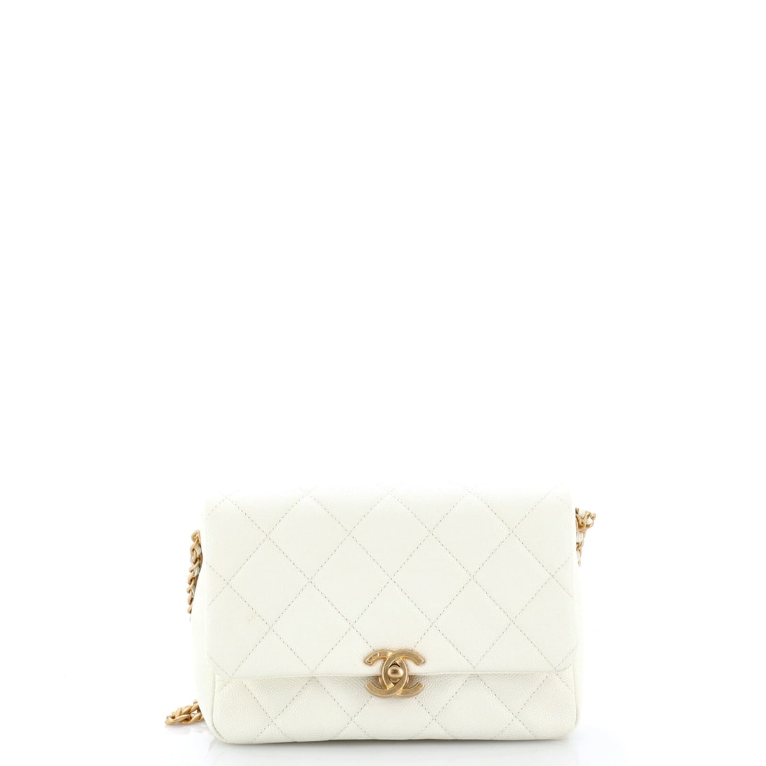Chanel Chain Melody Flap Bag Quilted Caviar: Chain Melody threads its chain through the quilted caviar front, so the strap doubles as ornament instead of staying purely functional. A 21 inch drop clears the shoulder for crossbody wear, and the 8