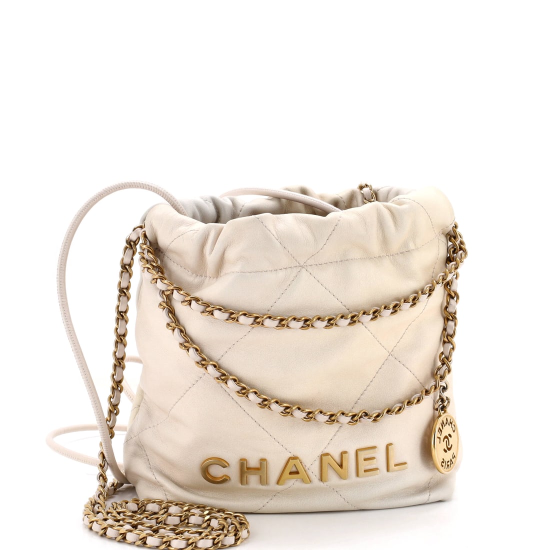 Chanel 22 Chain Hobo Quilted Shaded Calfskin: Shaded calfskin on this 22 Chain Hobo gives the outsized quilting a graded, light-to-deep read from panel to panel. At 6.5 inches wide and 7.5 high with 2.5 inches of depth, it sits at the compact end