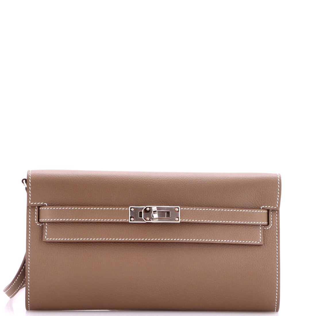 Hermes Kelly To Go Wallet Evercolor: Evercolor's matte, tight-grained surface gives this To Go a flatter, more modern face than the pressed leathers, and it resists the shine that handling brings. The 21 in strap and the 8 x 4.5 x 1 in b