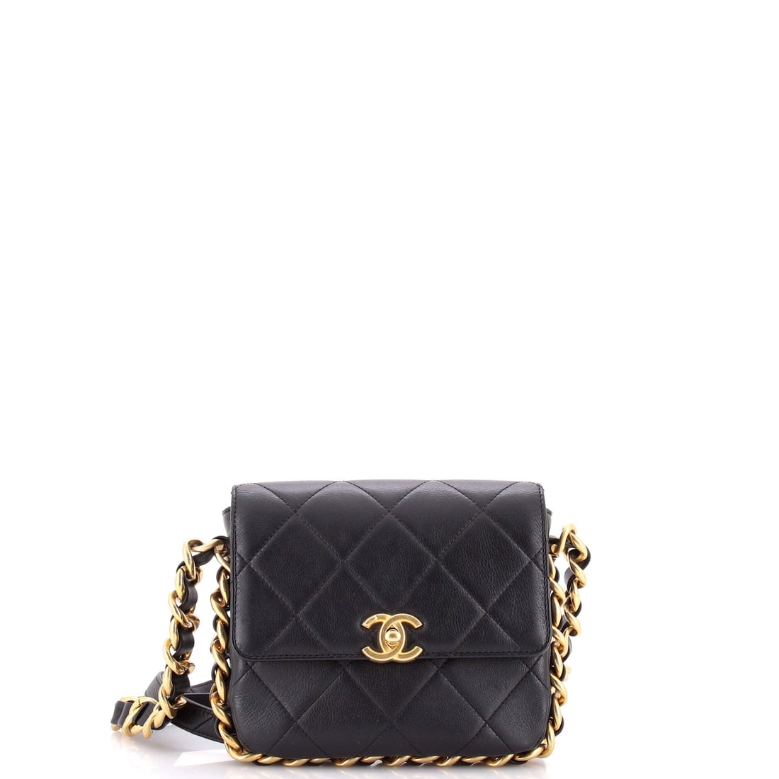 Chanel Framing Chain Flap Bag Quilted Calfskin: Chain framing the edge of the flap is the model's signature, drawing a metal outline around quilted calfskin. Seven inches square with a 2-inch depth makes for a slim, disciplined bag, and a 20-inch s