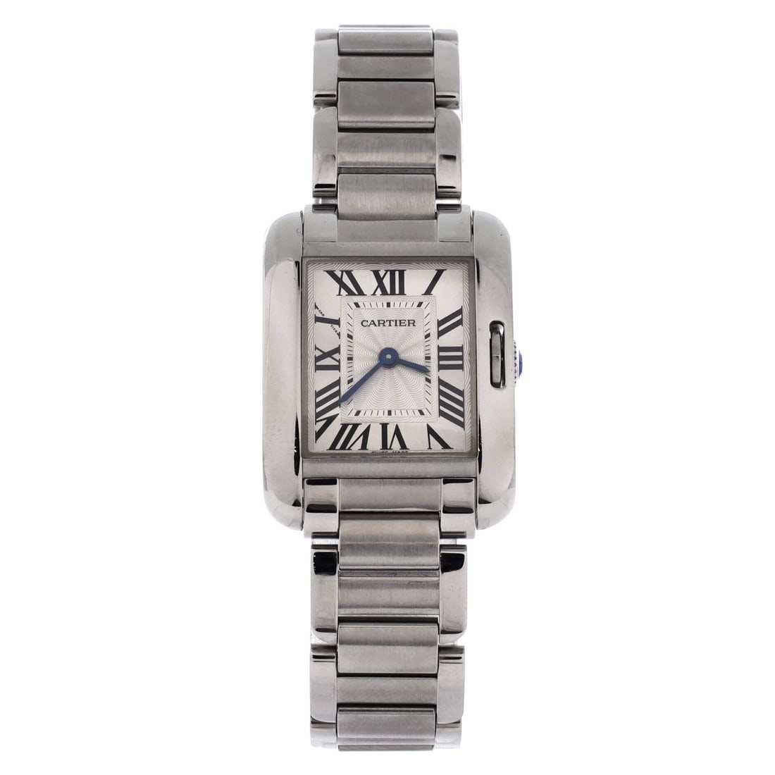 Cartier Tank Anglaise Quartz Watch Stainless Steel: The Anglaise is the Tank that hides its crown inside the case flank, and at 23 mm it reads small and neat on the wrist. A 7 mm case depth slips under a cuff without argument, while the 14 mm band widt