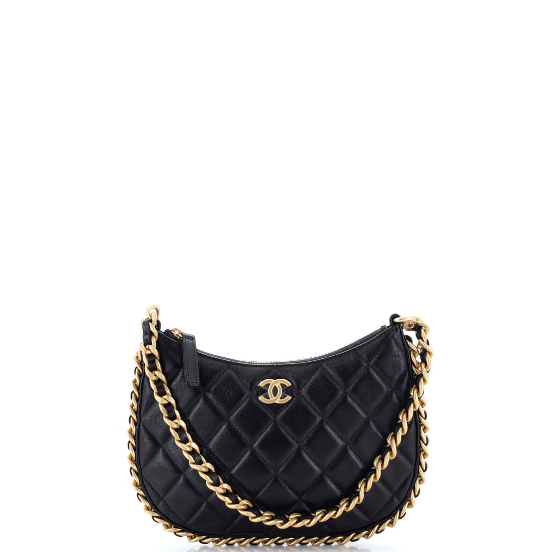 Chanel CC Chain Around Hobo Quilted Lambskin: Quilted lambskin, soft-sided and slim: this Chain Around hobo runs W 8.5 x H 5 x D 1.5 in, wider than it is tall and barely there in profile. The encircling chain is structural as much as decorative, 