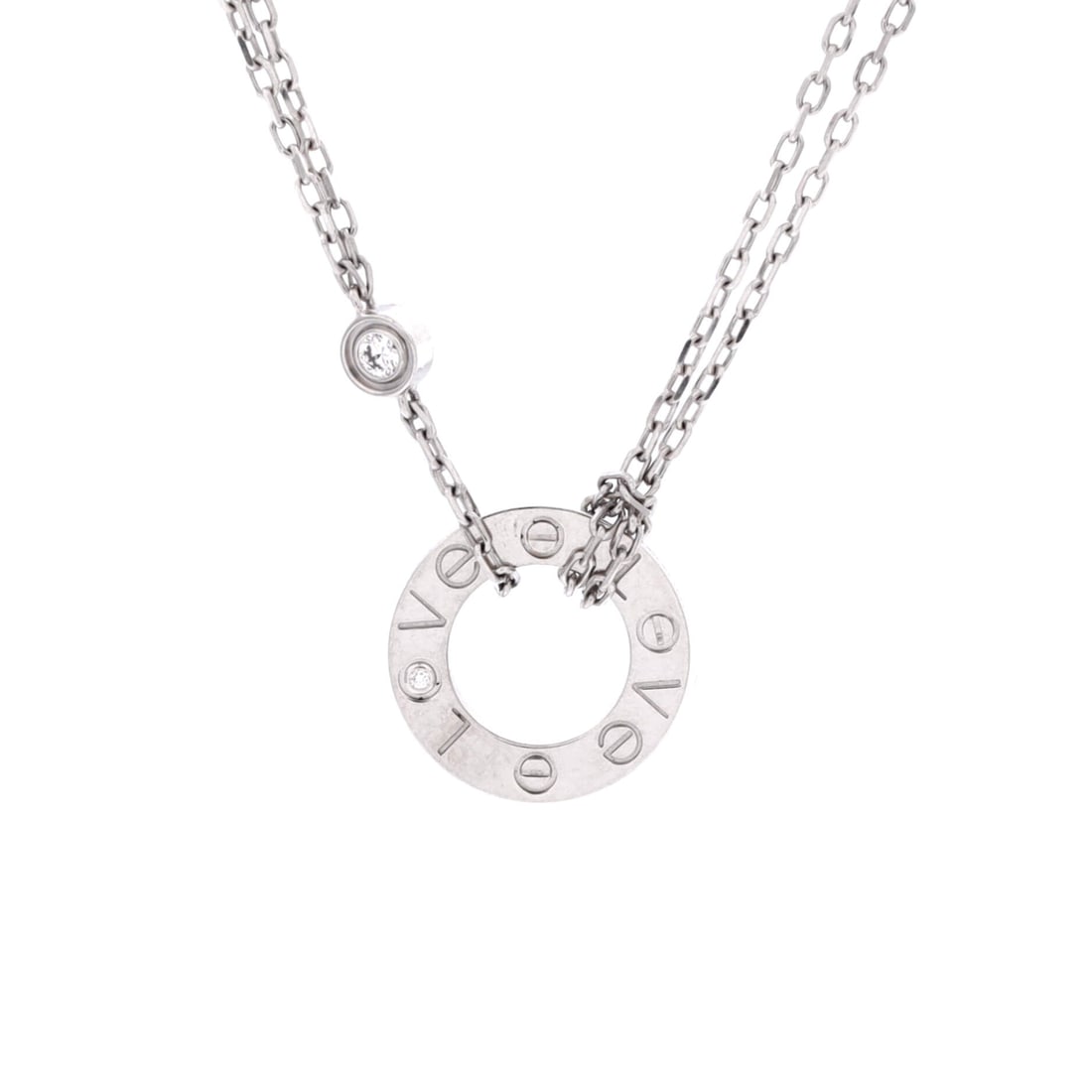 Cartier 2 Diamonds Love Pendant Necklace 18K White Gold with Diamonds: Two diamonds in 18K white gold catch light differently from the yellow version, cooler and closer to the metal around them. Chain length runs 15 to 16 inches with the plaque at 13 mm, small by design.