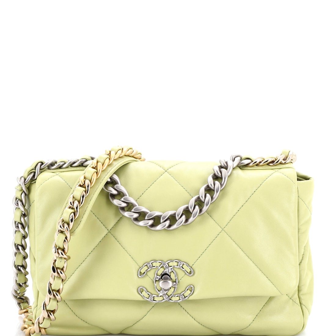Chanel 19 Flap Bag Quilted Leather: Quilted leather is the 19 in its base form, and this ten inch example sits at the size the line is best known for. A 3.5 inch depth holds more than the flat front panel suggests, and the 19 inch strap